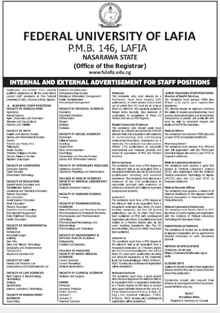 Federal University Lafia Recruitment | 2025
