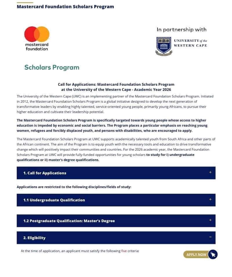 Mastercard Foundation Scholars Program at the University of the Western Cape | Academic Year 2026